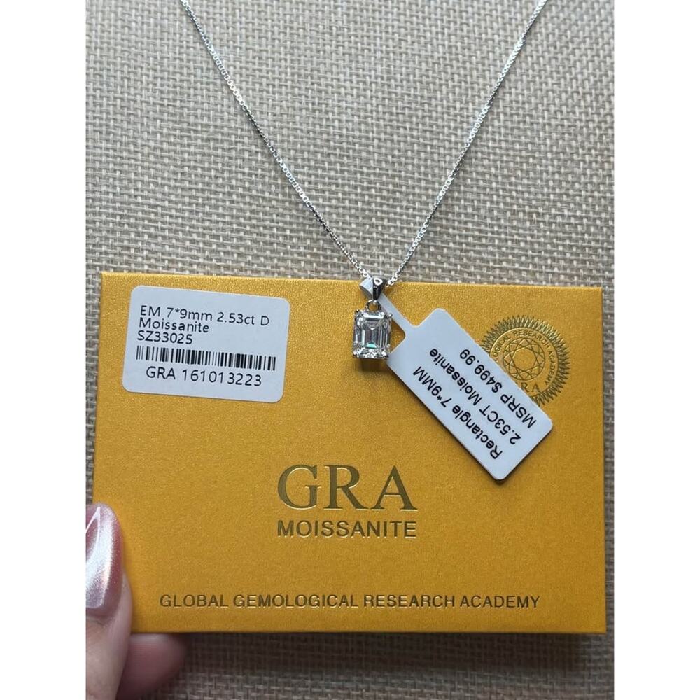 2.53 Carat Emerald Cut Moissanite Pendant GRA Certified 925 Sterling Silver